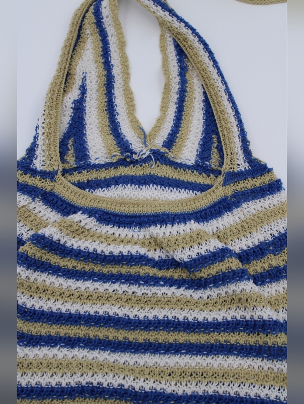 SHEIN Striped Crochet Halter Mini Dress - Tan, Blue & White - Picture 5 of 5